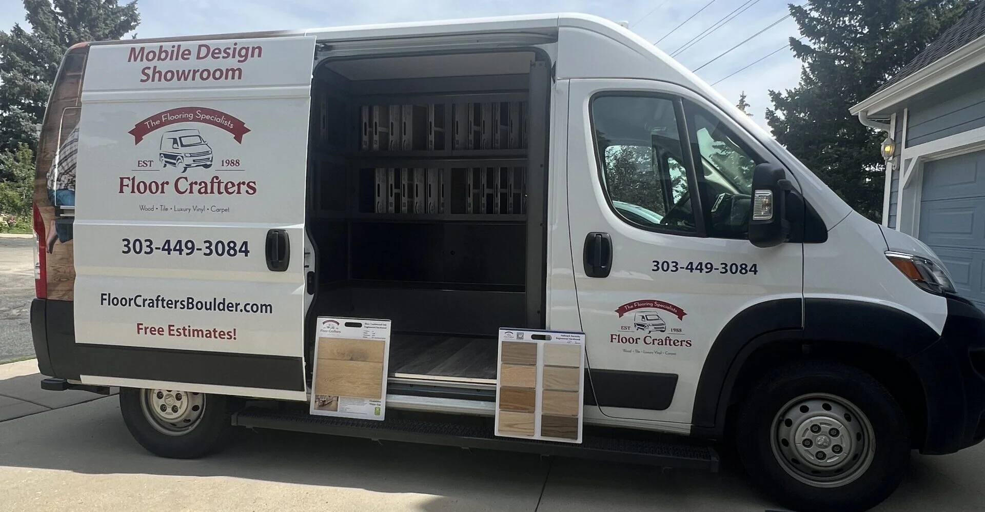 Floor Crafters mobile design showroom van with flooring samples